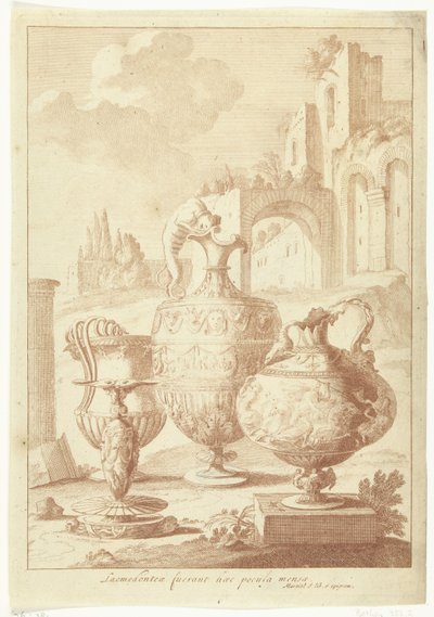 Lysekrone og tør vase Laomedonteae fuerant haec pocula mensea (titel på objektet) Vase og lysestage (serietitel) af Johan Teyler (attributed to)