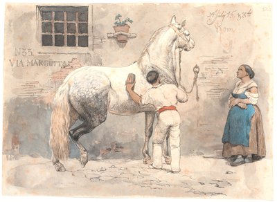 En grå mugne hest bliver striglet i Via Margutta af Johan Thomas Lundbye