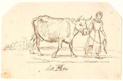 En pige trækkende en ko i et landskab med en kirke. "Lille Ada" af Johan Thomas Lundbye