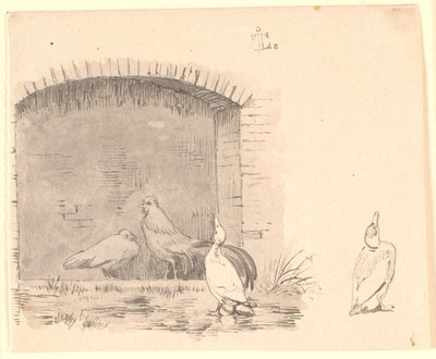 Hønsene og ænderne. Th. studie af en and som nyder regnen af Johan Thomas Lundbye