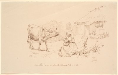 Kom Bos!. Udenfor et boelsted sidder en kone med et barn, der rækker hen imod en ko af Johan Thomas Lundbye