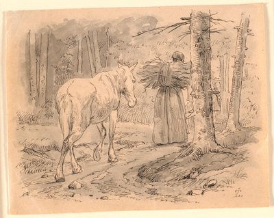 Konen og hesten. Illustration til Kaalunds "Fabler for Børn". Se kommentar fra arkkatalog. af Johan Thomas Lundbye