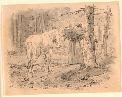Konen og hesten. Illustration til Kaalunds "Fabler for Børn". Se kommentar fra arkkatalog. af Johan Thomas Lundbye