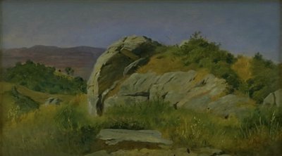 Landskab med klipper i forgrunden. Civitella, Italien af Johan Thomas Lundbye