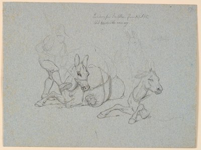 Liggende æsel, der piskes og sparkes af en fører. T.h. to studier af et liggende og et stående æsel af Johan Thomas Lundbye