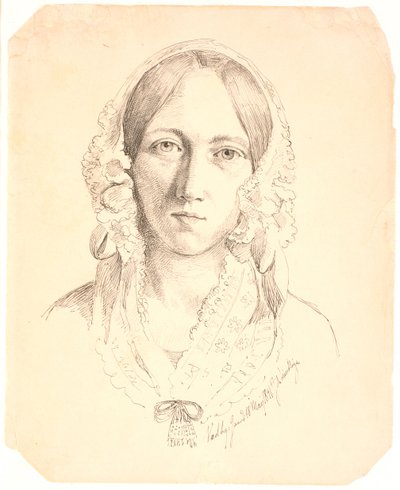 Portræt af en ung kvinde, en face. Muligvis forestillende Louise Marie Neergaard (1816-1895) af Johan Thomas Lundbye