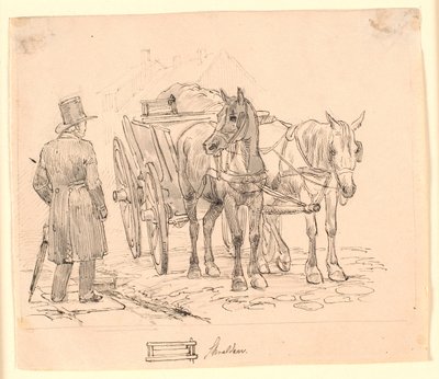 Skraldemandshesten. F.n.m.f. tegning af en skralde. Illustration til Kaalunds "Fabler for Børn". Se kommentar fra arkkatalog. af Johan Thomas Lundbye