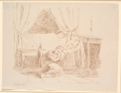 Sovekammerinterieur med en lille pige, som sidder på gulvet og sover, lænet mod en vugge med et sovende barn af Johan Thomas Lundbye