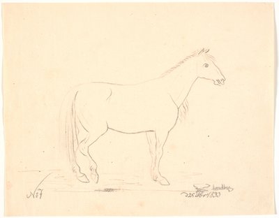 Stående hest i profil t.h.. af Johan Thomas Lundbye