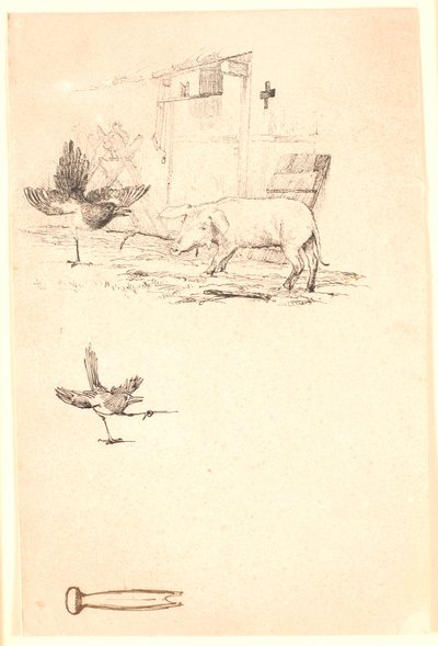 Storken og grisen. Nedenunder studie af skaden og et stykke værktøj. Illustration til Kaalunds "Fabler for Børn". Se kommentar fra arkkatalog. af Johan Thomas Lundbye
