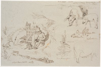 Studieblad fra Vognserup. T. v. en røgter (gamle Rasmus Larsen) siddende med en hund ved et led. F.o.t.h. et landskabsstudie med stedbetegnelser. Herunder to grise. T.h.m.f. studie af siv i en sø. Herunder en kongelysplante og studie af en so af Johan Thomas Lundbye