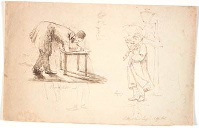 Studieblad, t.v. ses kunstneren selv, foroverbøjet, tegnende på en taburet eller et lille bord. Tegnet herover to studier af en officer og en kjoleklædt herre. I midten studiehoved, selv-portræt. T.h. står kunstneren med paraply på gaden ved en lygte og t af Johan Thomas Lundbye