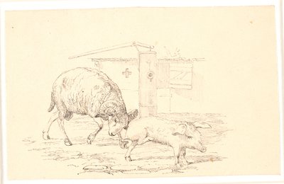 Vædderen og grisen. Illustration til Kaalunds "Fabler for Børn". Se kommentar fra arkkatalog. af Johan Thomas Lundbye
