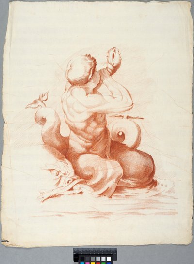 Akademiezeichnung. Detail einer Deckendekoration mit Peleus und Thetis in der Galleria Farnese, Rom, Triton bläst eine Muschel af Johan Tobias Sergel