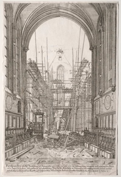 LArt Ancien Zurich: Udsigt i franciskanernes kirke, Barfüsser-Kirke, 1681. af Johan Ulrich Krauss