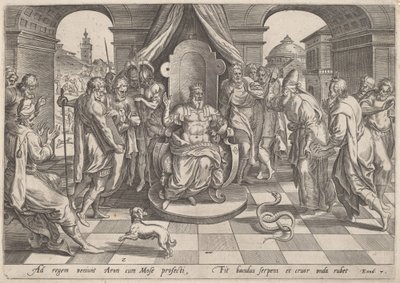 Moses og Aron foran Farao af Johan Wierix, after Maarten van Cleef