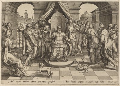 Moses og Aron foran faraaen af Johan Wierix, after Maarten van Cleef