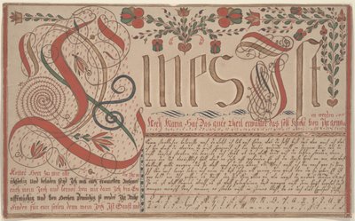 Skriveøvelse Vorschrift for Esther Hadmänn, Fraktur Painting pen & blæk med wc på papir af Johann Adam Eyer