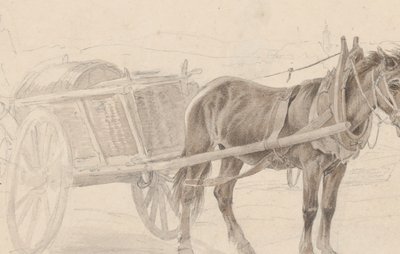 En vogn trukket af en brun hest nær en lampestang, Verso: En gruppe beredne officerer, ca. 1815. af Johann Adam Klein