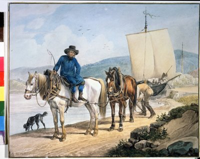 ""En hest og vogn ved floden"". Heste langs en flod, der trækker en båd eller bruges til at losse varer på en slæbesti". Maleri af Johann Adam Klein (1792-1875) af Johann Adam Klein