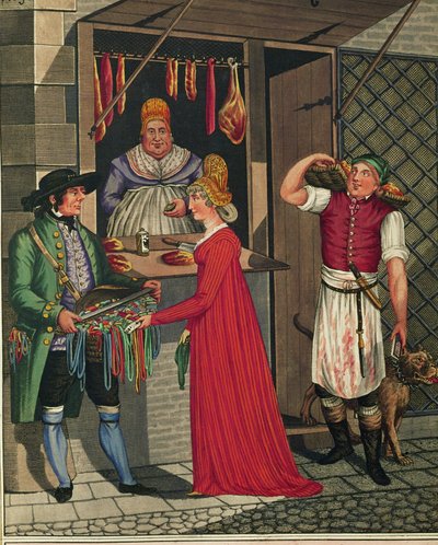 Slagterbutik og slagterdreng med hund ... af Johann Adolph Opitz