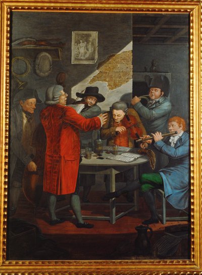 Gentagelse af en gruppe musikere i en aristokrats tjeneste ... (gouache) af Johann Adolph Opitz
