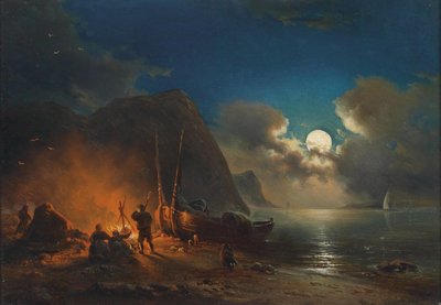 Romantisk lejrbål i måneskin af Johann Anton Castell