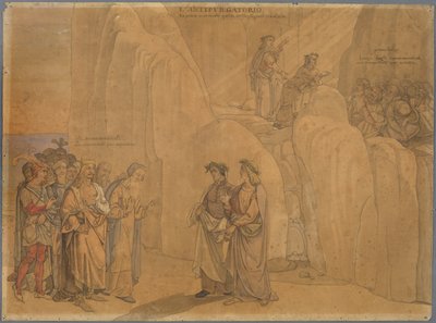 Dante trifft Manfred, den ehemaligen König von Apulien und Sizilien, an einer Felswand, der sich ihm zu erkennen gibt und Verschiedenes mitteilt; oben auf dem Felsen sehen sie die kirchlich Verbannten Buße tun af Johann Anton Ramboux