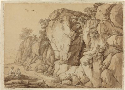 Et ungt par sidder i nærheden af en massiv klippeformation af Johann August Nahl II