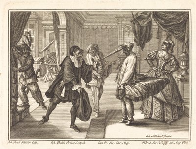 Harlekin hos Dr. Polovards hus af Johann Balthasar Probst after Johann Jacob Schübler