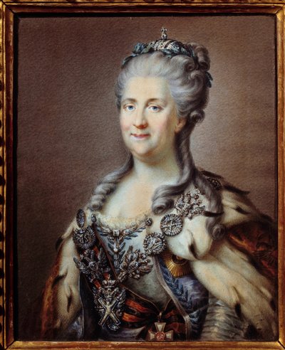 Portræt af Catherine II (1729-1796) imperatrice af Rusland med halskæden af Saint Andre og snoren af korset af Saint George Anonym akvarel fra det 18. århundrede, ifølge maleriet af Johann Baptist von Lampi (1751-1830) Paris, museum af Johann Baptist I (after) Lampi