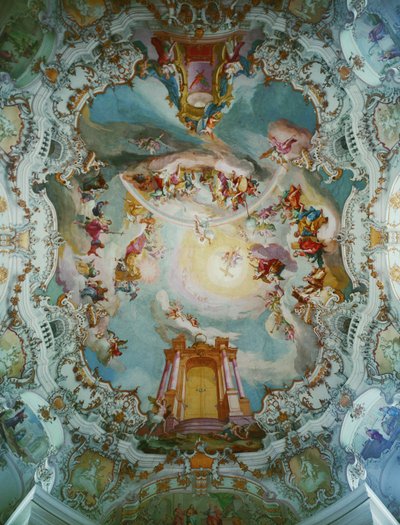 Centralt freskomaleri i Wies-kirken, Bayern ... (freskomaleri) af Johann Baptist Zimmermann