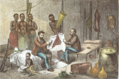Dr. David Livingstone (1813-73) og Mr. Henry Morton Stanley (1841-1904) modtager aviser i Centralafrika, indgraveret af Pearson (senere farvelægning) af Johann Baptist Zweecker