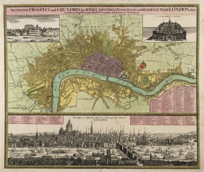 Kort og udsigt over London, ca. 1710 (håndfarvet gravering) af Johann Baptista Homann