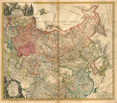 Kort over Rusland (Fra: Imperii Russici et Tartariae universae so majoris et Asiaticae qua miniris et Europaeae tabula) - Homann, Johann Baptist (1663-1724) - 1738 - Kobberstik, akvarel - Privat samling af Johann Baptista Homann