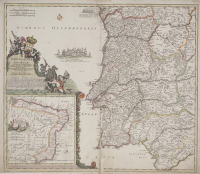 Portugal og Algarve (Portugallia et Algarbiae), ca. 1704 (håndfarvet radering) af Johann Baptista Homann
