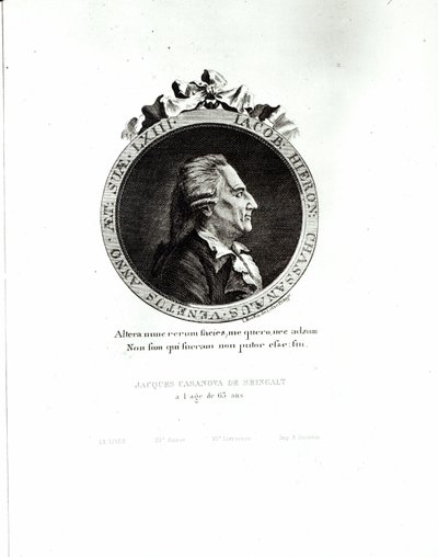 Medaljonportræt af Giacomo Casanova (1725-98) 63 år, 1788 (gravering) (bw foto) af Johann Berka