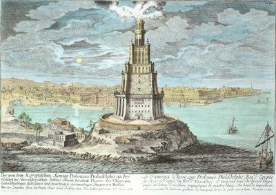 Fyrtårn i Alexandria, bygget af Ptolemæus den Store (36-efter 30 f.Kr.), Egypten, fra Entwurf einer historischen Architektur, indgraveret af Johann Adam Delsenbach (1687-1765) 1721 (senere farve af Johann Bernhard Fischer von Erlach