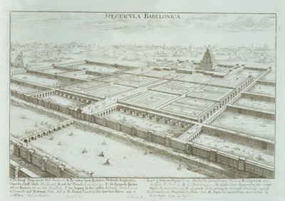Panoramaudsigt over det kongelige palads og de hængende haver i Babylon, fra "Entwurf einer historischen Architektur", 1721 af Johann Bernhard Fischer von Erlach