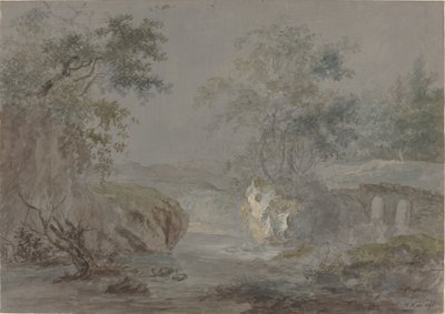 Skovklædte klipper langs en flodbred af Johann Caspar Huber