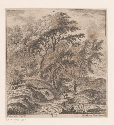 Mand med en hund, der går langs en skovkant af Johann Caspar Ulinger