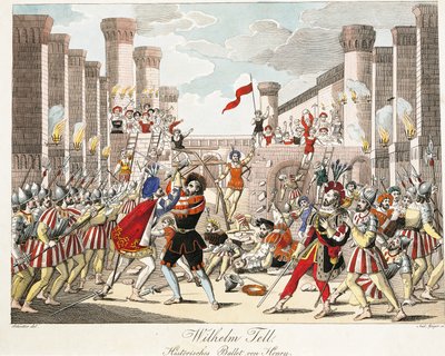 Historisk ballet af Henrik, scene fra "Wilhelm Tell" af Gioachino Rossini, graveret af Geiger (farvestik) af Johann Christian (after) Schoeller