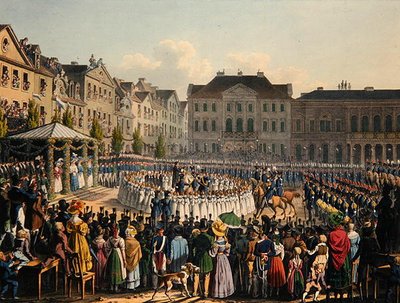 Flagindvielsesceremoni af Kassel Citizen Guard i 1831 (farve litho) af Johann Christian Arnold