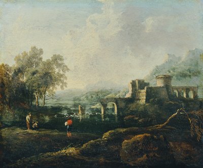 Ideelt landskab med flod og ruineret bro (The Morning) af Johann Christian Brand