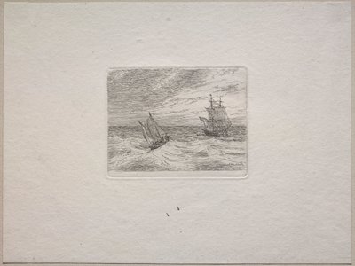 Barsk sø med en to-master og sejlbåd af Johan Christian Dahl