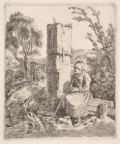 En gammel dame, der sidder nær en søjle ved siden af vejen, 1819. af Johann Christian Erhard