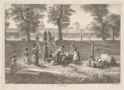 Udendørs scene for kvinder i huslige aktiviteter i Nürnberg, 1800-tallet. af Johann Christian Erhard