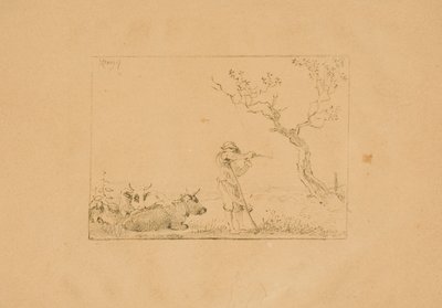 Hyrde, der skærper en le, med kvæg af Johann Christian Klengel