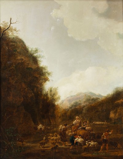 Bjerglandskab med hyrder og kvæg ved drikketruget af Johann Christian Klengel