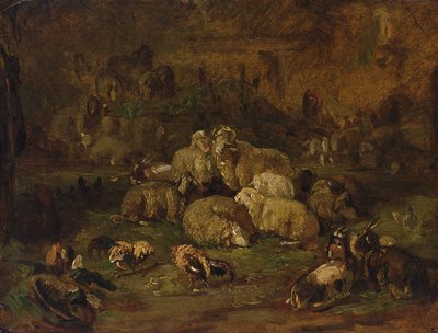 Får, geder og høns (olie på papir lagt på lærred) af Johann Christian Reinhardt